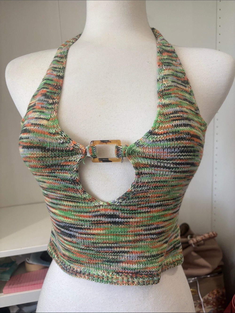 Green Multi Halter Knit Crop Top with Buckle Detail